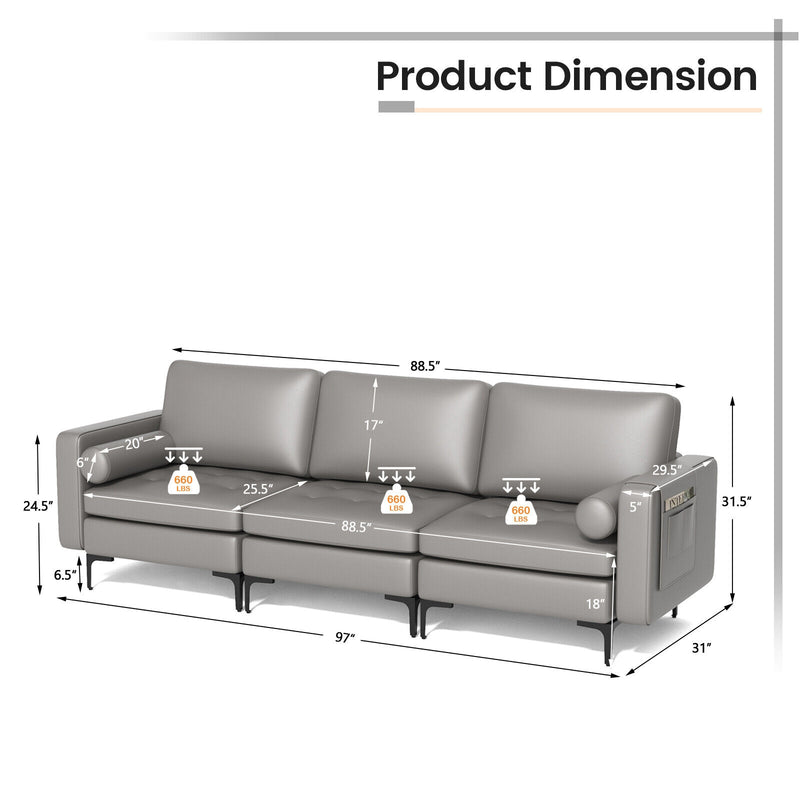 Modular 3-Seat Sofa Couch with Socket USB Ports and Side Storage Pocket-Light Gray