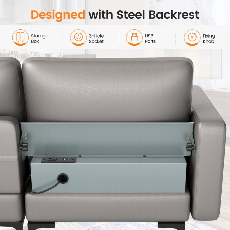 Modular 3-Seat Sofa Couch with Socket USB Ports and Side Storage Pocket-Light Gray