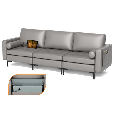 Modular 3-Seat Sofa Couch with Socket USB Ports and Side Storage Pocket-Light Gray