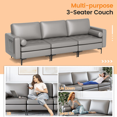 Modular 3-Seat Sofa Couch with Socket USB Ports and Side Storage Pocket-Light Gray