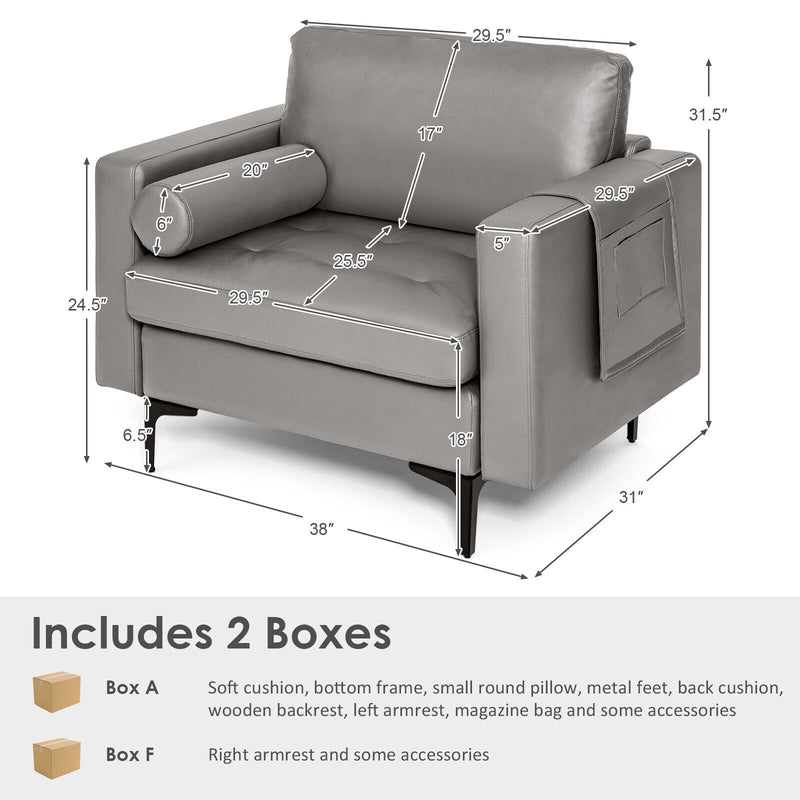 Modern Single Sofa with Cushion Bolster and Side Storage Pocket