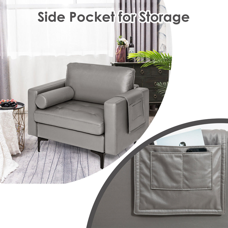 Modern Single Sofa with Cushion Bolster and Side Storage Pocket