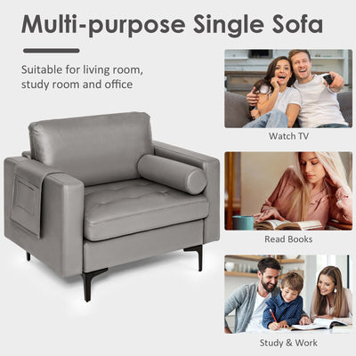 Modern Single Sofa with Cushion Bolster and Side Storage Pocket