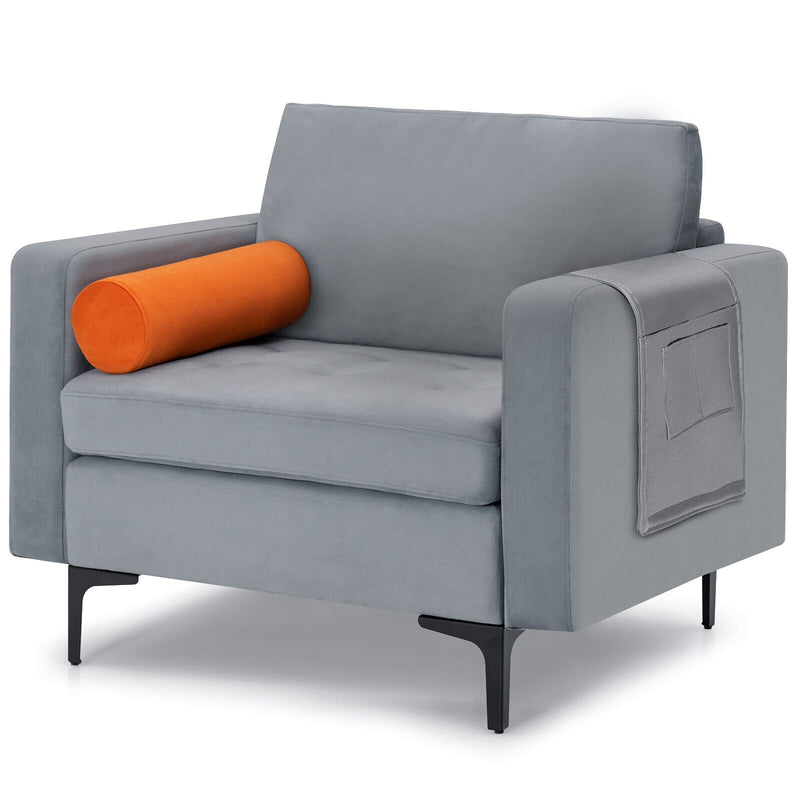 Modern Accent Chair with Bolster and Side Storage Pocket-Gray