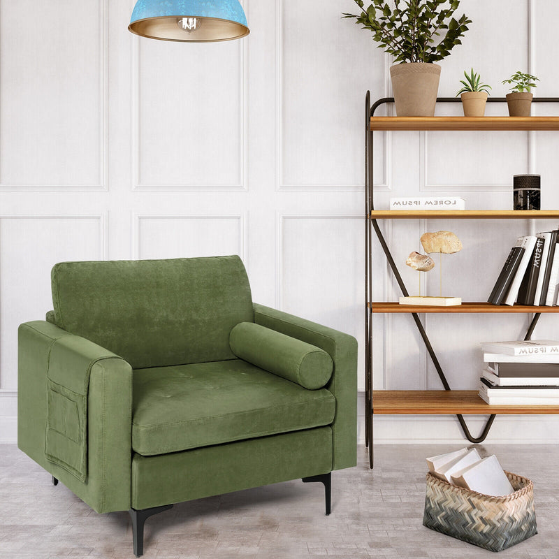 Modern Accent Chair with Bolster and Side Storage Pocket-Army Green