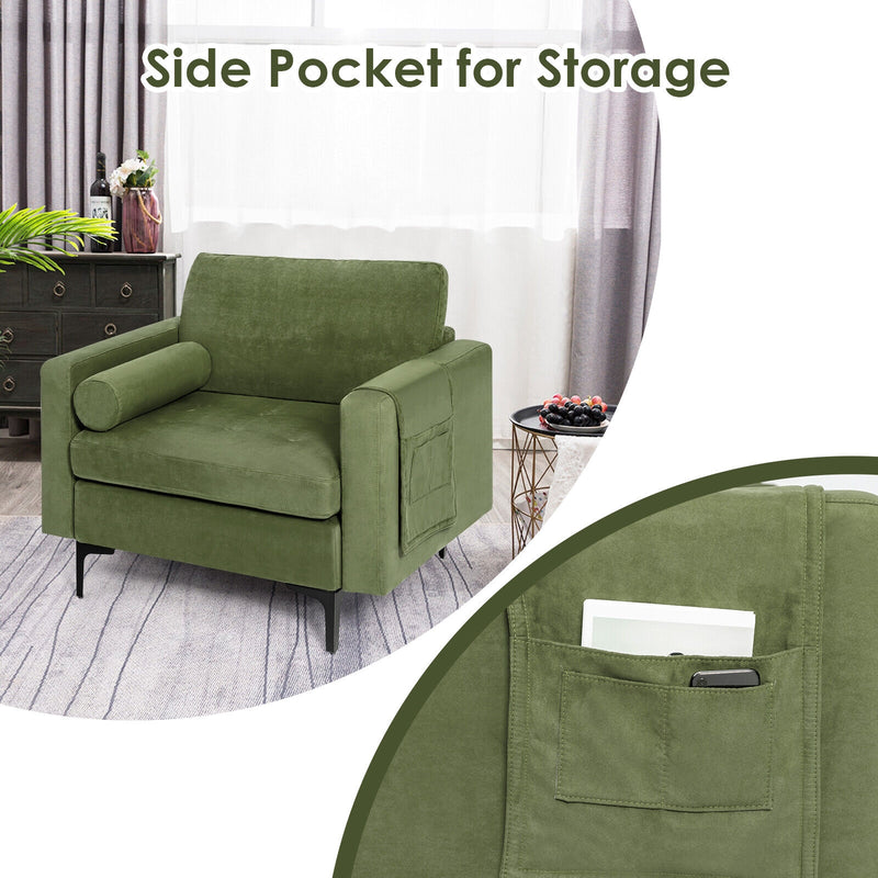 Modern Accent Chair with Bolster and Side Storage Pocket-Army Green