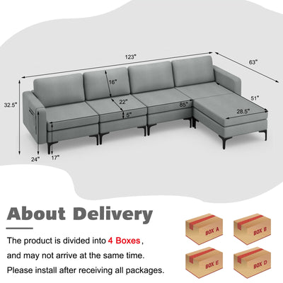 1/2/3/4-Seat Convertible Sectional Sofa with Reversible Ottoman-4-Seat L-shaped with 2 USB Ports