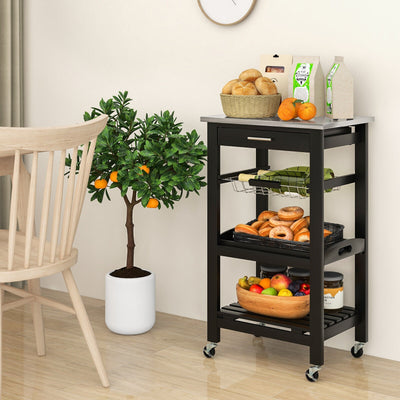 Kitchen Island Cart with Stainless Steel Tabletop and Basket-Black