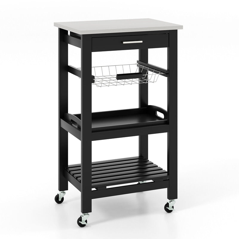 Kitchen Island Cart with Stainless Steel Tabletop and Basket-Black