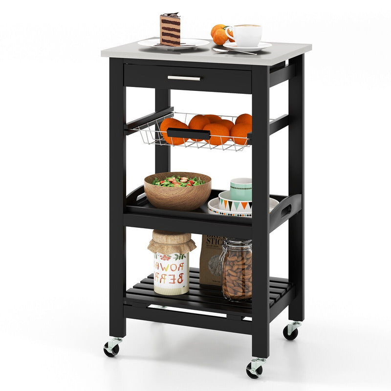 Kitchen Island Cart with Stainless Steel Tabletop and Basket-Black