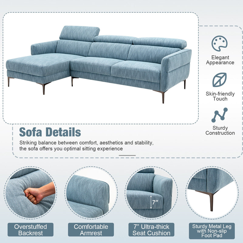 105 Inch L-Shaped Sofa Couch with 3 Adjustable Headrests-Blue