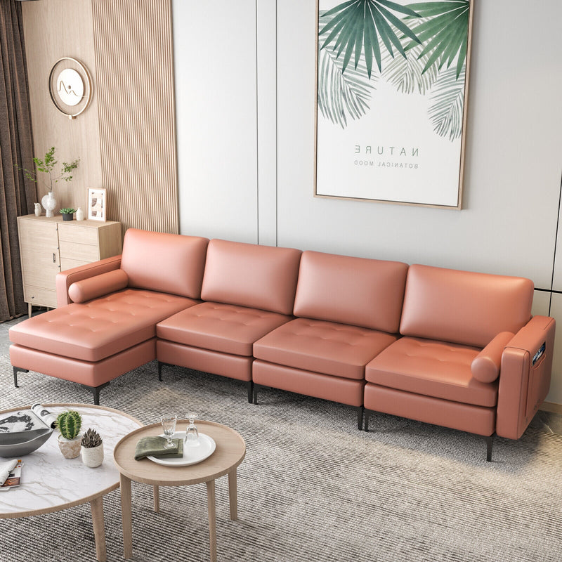 Modular Modern L-shaped Sectional Sofa with Reversible Chaise and 2 USB Ports-Pink