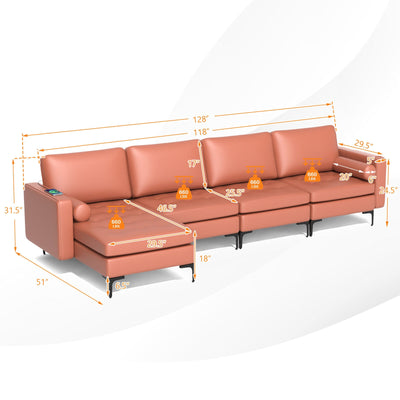 Modular Modern L-shaped Sectional Sofa with Reversible Chaise and 2 USB Ports-Pink