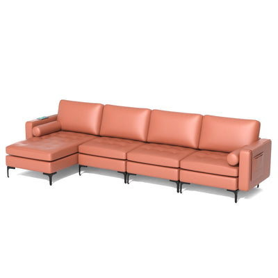 Modular Modern L-shaped Sectional Sofa with Reversible Chaise and 2 USB Ports-Pink