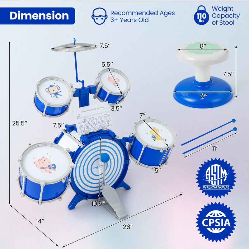 Kids Drum Set Educational Percussion Musical Instrument Toy with Bass Drum-Blue