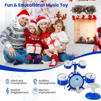 Kids Drum Set Educational Percussion Musical Instrument Toy with Bass Drum-Blue