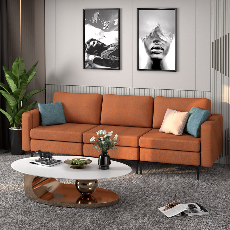 Convertible Leather Sofa Couch with Magazine Pockets 3-Seat with 2 USB Port-Orange