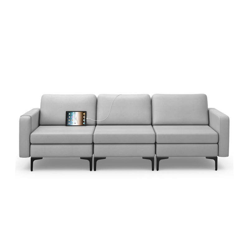 Convertible Leather Sofa Couch with Magazine Pockets 3-Seat with 2 USB Port-Light Gray