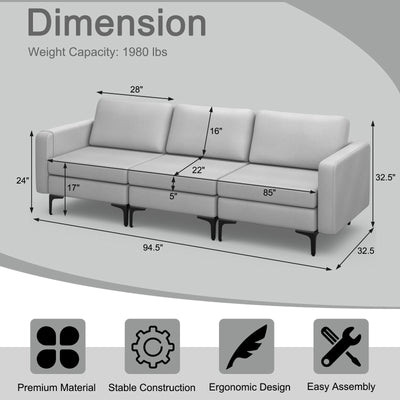 Convertible Leather Sofa Couch with Magazine Pockets 3-Seat with 2 USB Port-Light Gray