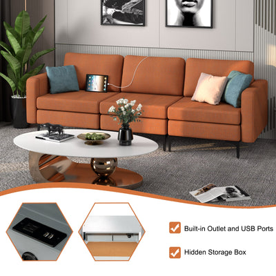 Convertible Leather Sofa Couch with Magazine Pockets 3-Seat with 2 USB Port-Orange