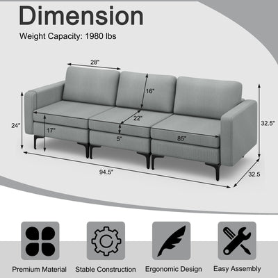 Convertible Leather Sofa Couch with Magazine Pockets 3-Seat with 2 USB Port-Dark Gray