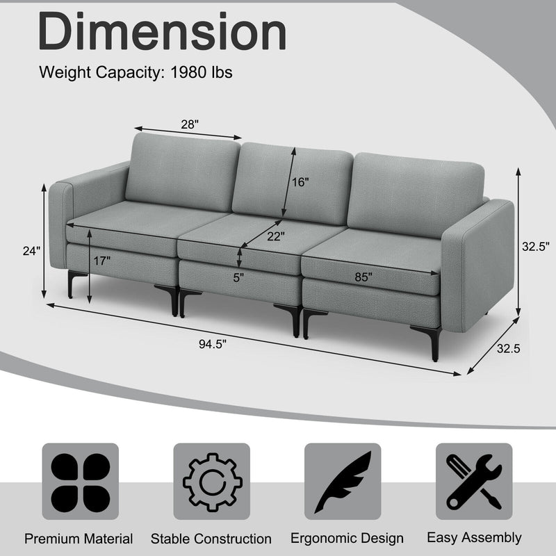 Convertible Leather Sofa Couch with Magazine Pockets 3-Seat with 2 USB Port-Dark Gray