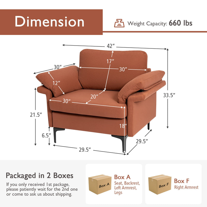 Modern Fabric Accent Armchair with Original Distributed Spring and Armrest Cushions-Rust Red