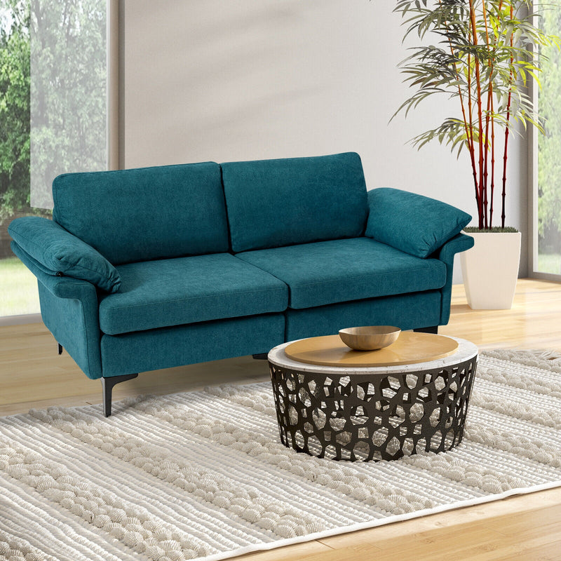 Modern Fabric Loveseat Sofa for with Metal Legs and Armrest Pillows-Peacock Blue