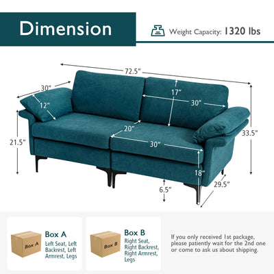 Modern Fabric Loveseat Sofa for with Metal Legs and Armrest Pillows-Peacock Blue