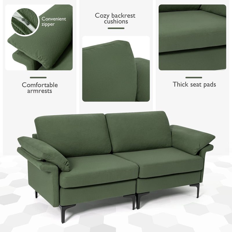 Modern Fabric Loveseat Sofa for with Metal Legs and Armrest Pillows-Army Green