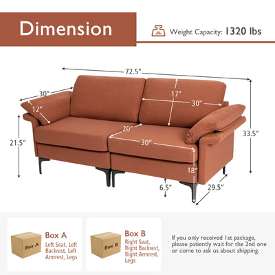 Modern Fabric Loveseat Sofa for with Metal Legs and Armrest Pillows-Rust Red