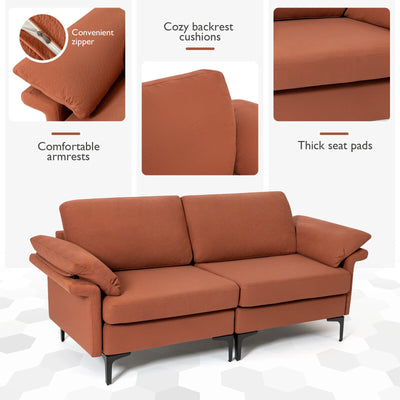 Modern Fabric Loveseat Sofa for with Metal Legs and Armrest Pillows-Rust Red