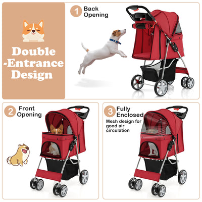 Folding Pet Stroller with Storage Basket and Adjustable Canopy-Red