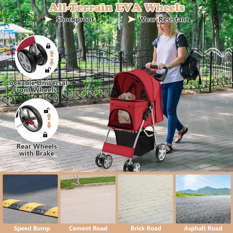 Folding Pet Stroller with Storage Basket and Adjustable Canopy-Red