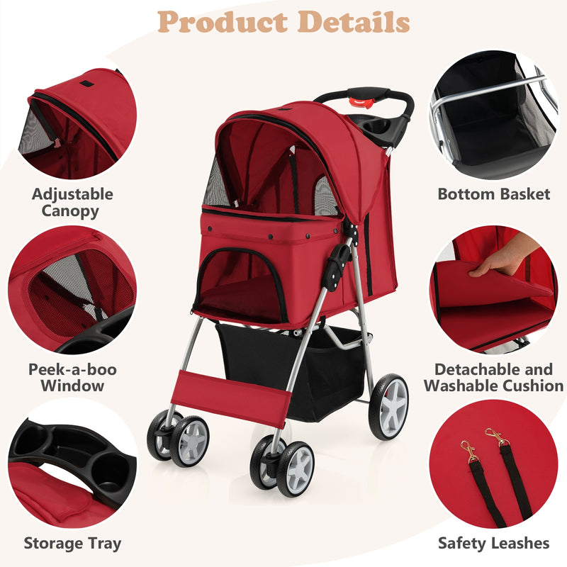 Folding Pet Stroller with Storage Basket and Adjustable Canopy-Red