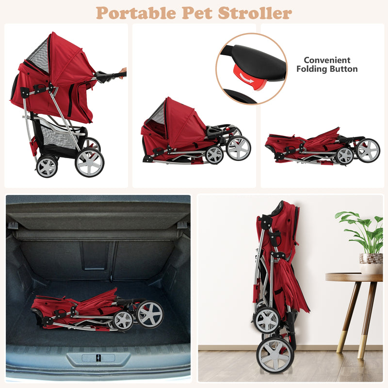 Folding Pet Stroller with Storage Basket and Adjustable Canopy-Red