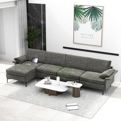 Extra Large L-shaped Sectional Sofa with Reversible Chaise and 2 USB Ports for 4-5 People-Gray