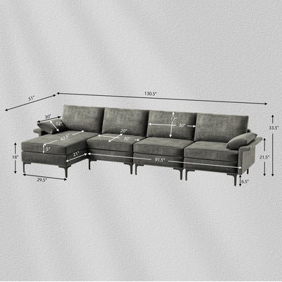 Extra Large L-shaped Sectional Sofa with Reversible Chaise and 2 USB Ports for 4-5 People-Gray