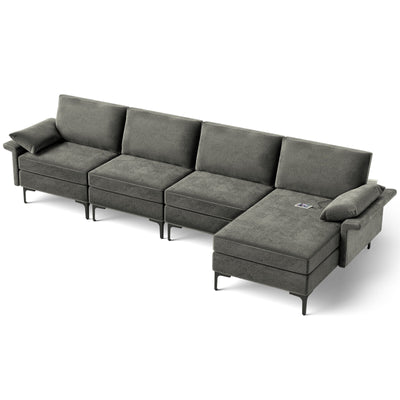 Extra Large L-shaped Sectional Sofa with Reversible Chaise and 2 USB Ports for 4-5 People-Gray