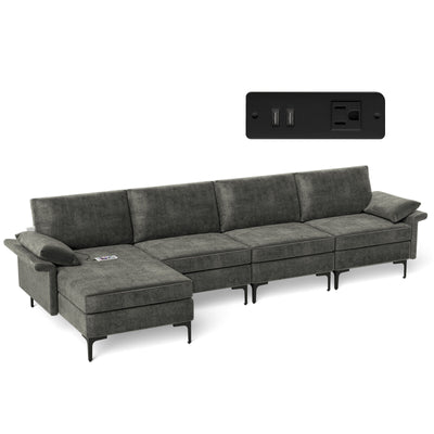 Extra Large L-shaped Sectional Sofa with Reversible Chaise and 2 USB Ports for 4-5 People-Gray