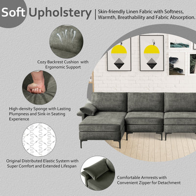 Extra Large L-shaped Sectional Sofa with Reversible Chaise and 2 USB Ports for 4-5 People-Gray