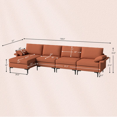 Extra Large L-shaped Sectional Sofa with Reversible Chaise and 2 USB Ports for 4-5 People-Rust Red