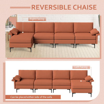 Extra Large L-shaped Sectional Sofa with Reversible Chaise and 2 USB Ports for 4-5 People-Rust Red