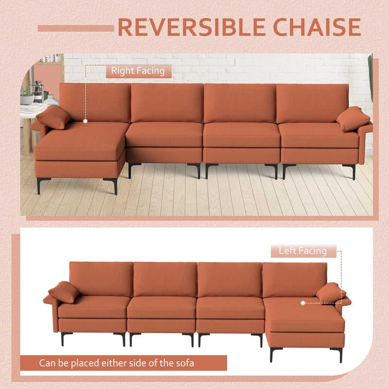 Extra Large L-shaped Sectional Sofa with Reversible Chaise and 2 USB Ports for 4-5 People-Rust Red