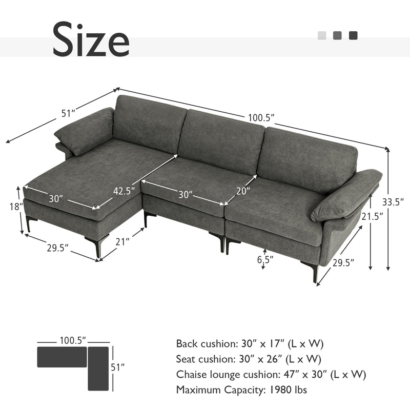 Extra Large Modular L-shaped Sectional Sofa with Reversible Chaise for 4-5 People-Gray