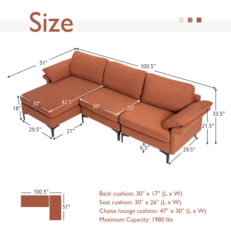 Extra Large Modular L-shaped Sectional Sofa with Reversible Chaise for 4-5 People-Rust Red