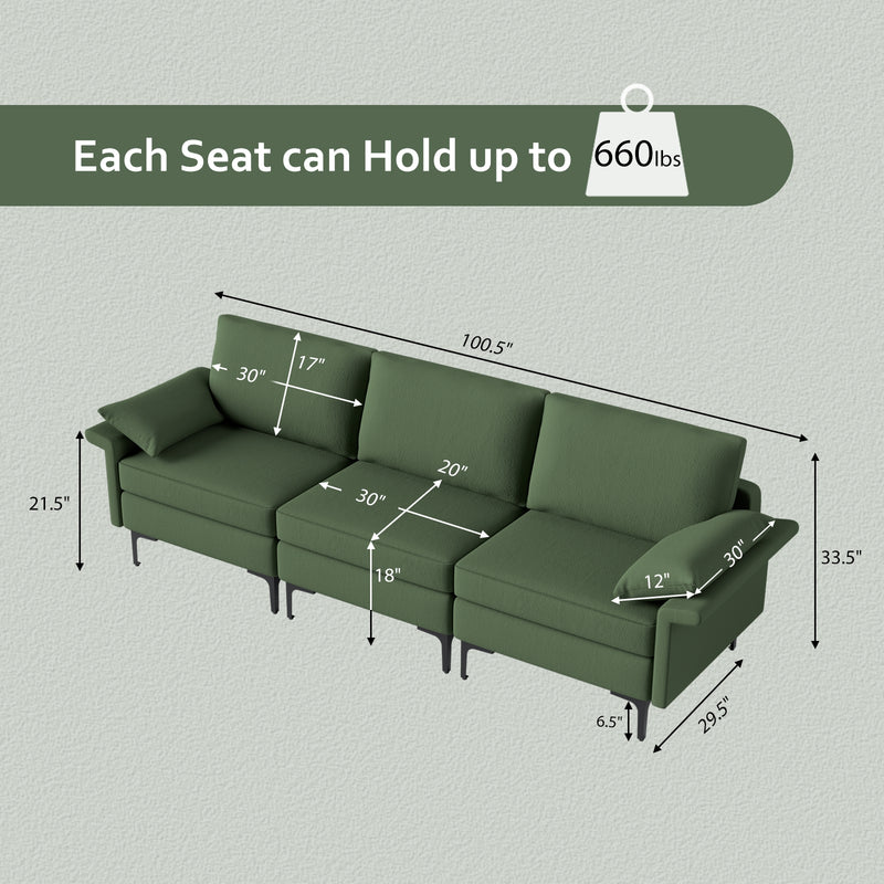 Large 3-Seat Sofa Sectional with Metal Legs and 2 USB Ports for 3-4 people-Green