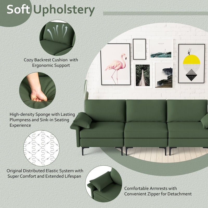 Large 3-Seat Sofa Sectional with Metal Legs and 2 USB Ports for 3-4 people-Green