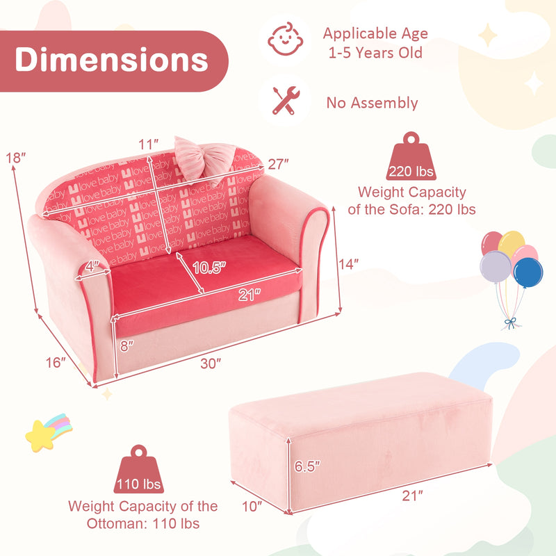 Ultra Soft Velvet Kids Sofa Chair Toddler Couch with Ottoman-Pink