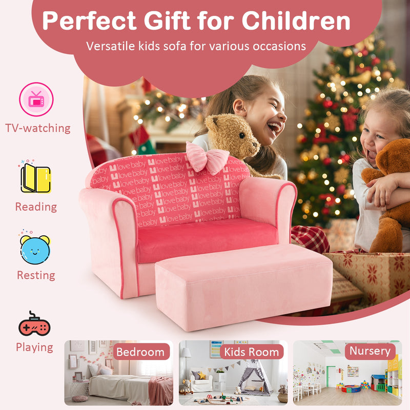 Ultra Soft Velvet Kids Sofa Chair Toddler Couch with Ottoman-Pink